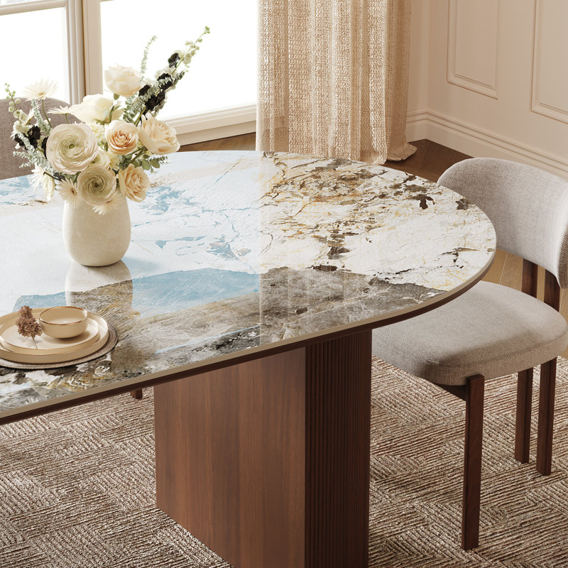  Iris Sintered Stone 78.7'' Solid Wood Pedestal Oval Dining Table Seat 6-8, Glossy Pandora/Walnut, Oval