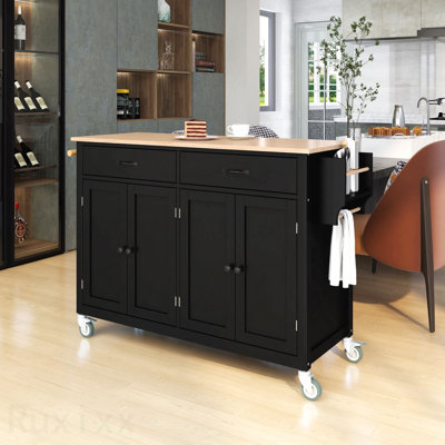 Kitchen Island Cart With Solid Wood Top And Locking Wheels,54.3 Inch Width,4 Door Cabinet And Two Drawers,Spice Rack, Towel Rack (Black)