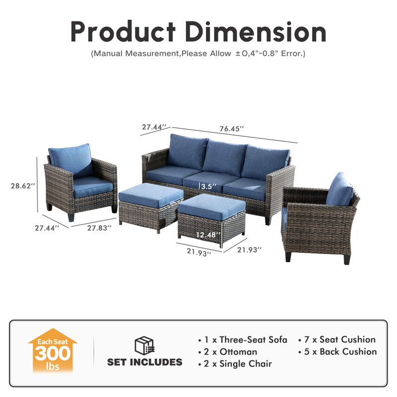 Amerissa Rattan Sectional Seating Group with Cushions, Denim Blue