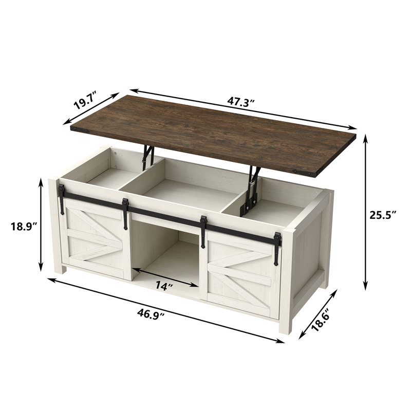 Jaquavion Coffee Table, Farmhouse Lift Top Coffee Table with Hidden Storage and Sliding Barn Door for Living Room
