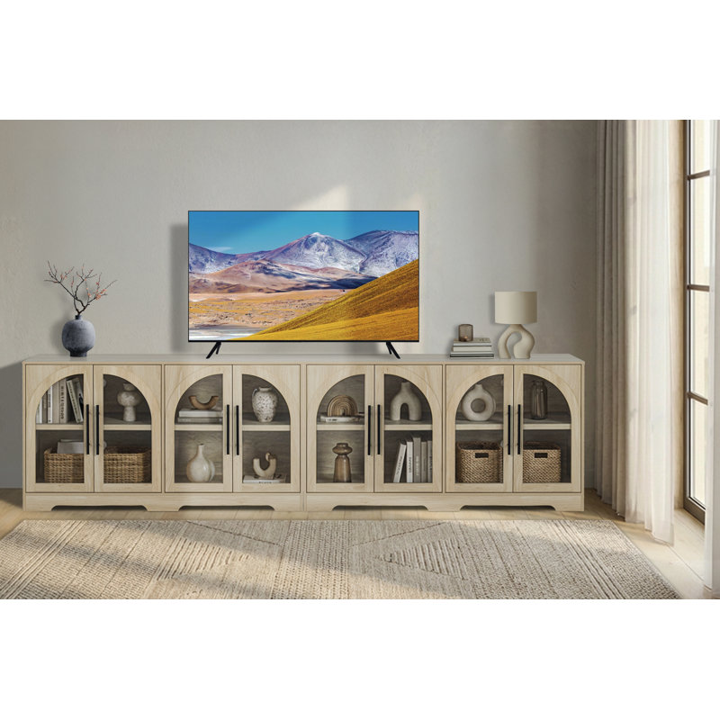 Set Of 2 Rustic Display Buffet Cabinet With Arched Glass Doors, Modern Buffet Sideboard Coffee Bar Cabinet With Storage And Adjustable Shelves,For Kitchen,Living Room And Entryway