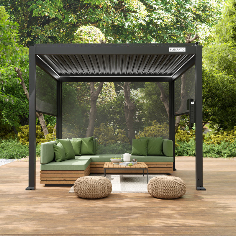 Pavillon de jardin permanent en métal L 10 pi. Pergola d'extérieur à persiennes motorisée D Power +, l 10 pi x P 10 pi