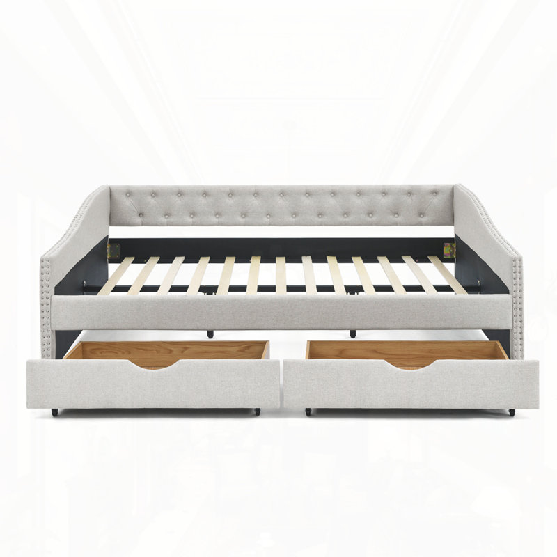 Lit de jour rembourré grand avec tiroirs, Beige, Grand lit
