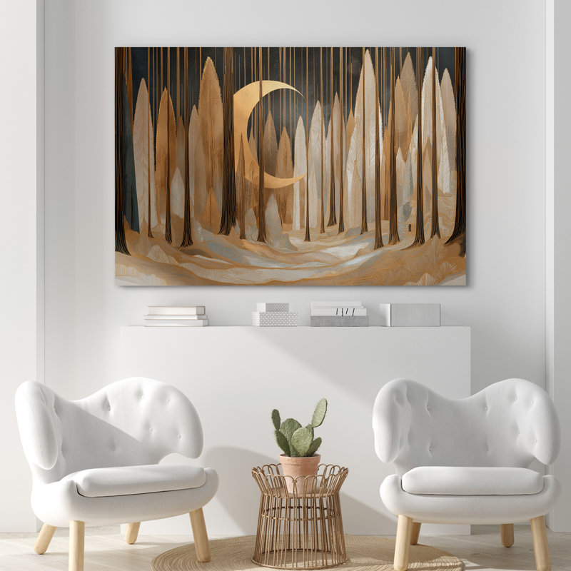 Art Deco Style Golden Crescent Moon Forest - Pictures Extra Large Framed Canvas Print Wall Art, 32" H x 48" W x 1.5" D