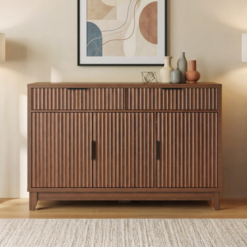 47" Modern Fluted Buffet Cabinet, 2 Drawers + Adjustable Shelves – Large Storage for Dining Room, Living Room, Walnut
