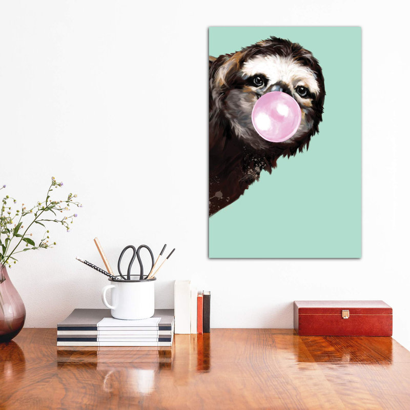 Sneaky Sloth Blowing Bubble Gum In Green by Big Nose Work - Print on Canvas, 66.04 cm H x 45.72 cm W x 1.91 cm D, No Frame