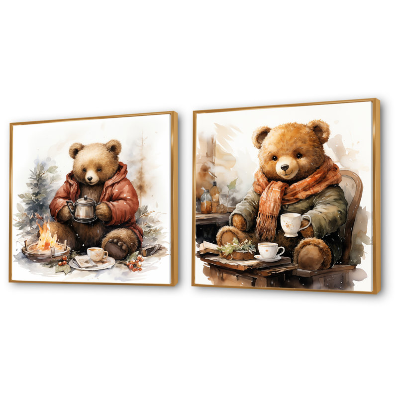 Winter Nursery Teddy Bear I - Ensemble de 2 reproductions sur toile, Cadre flottant doré, H 30 po x l 61 po x P 1 po