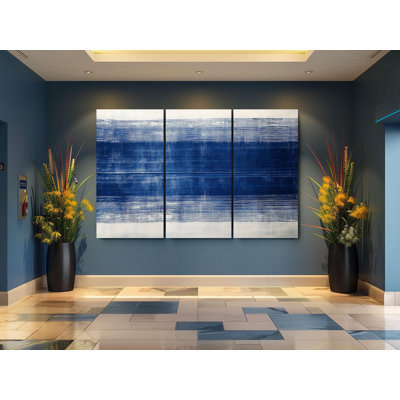 Art mural triptyque sur toile - Triptyque abstrait bleu et blanc, art mural moderne, minimaliste, grande décoration murale pour intérieur contemporain et bord de mer