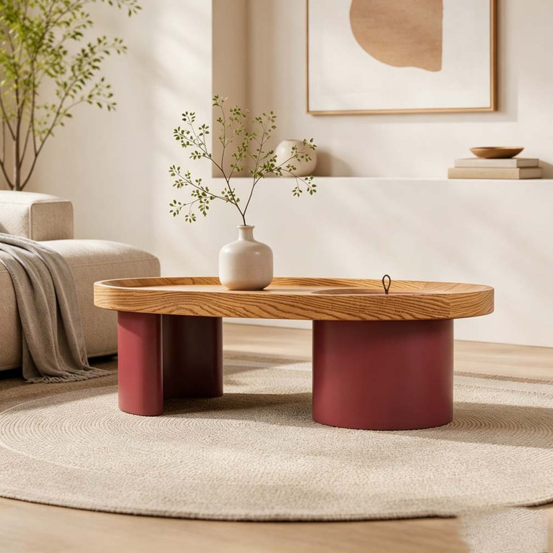 Table basse 45,3 po ovale en bois avec rangement, plateau en noyer avec pieds rouges