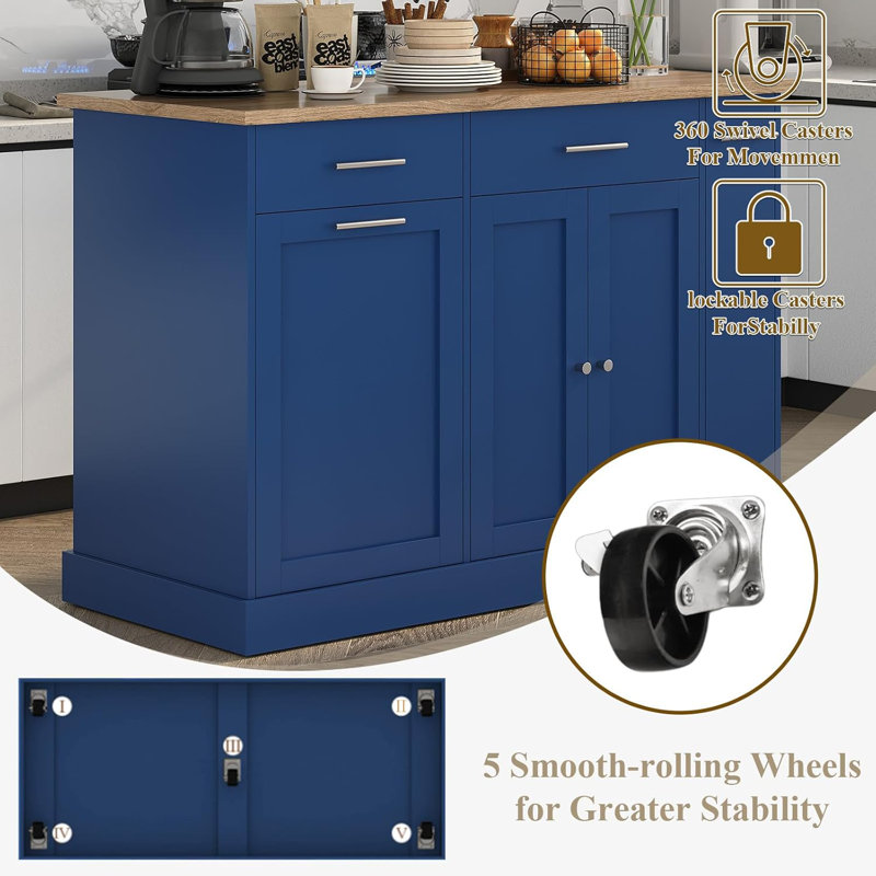 Kitchen Island on Wheels with Trash Can Storage,  Portable Island Table for Kitchen, Natural/Blue