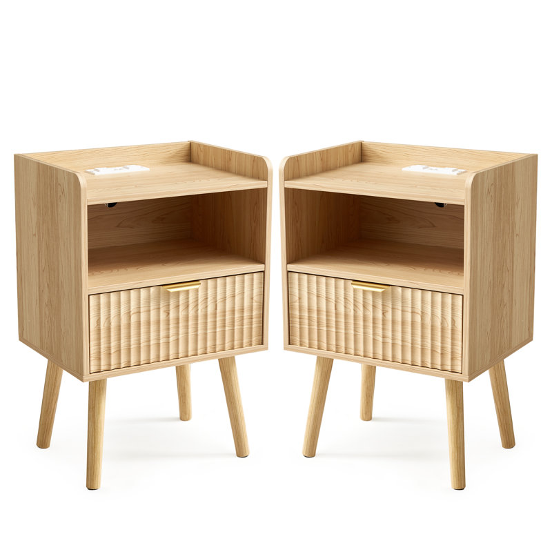  1 - Drawer Nightstand With Charging Station, Modern End Table With Open Compartment (Set Of 2), Beige