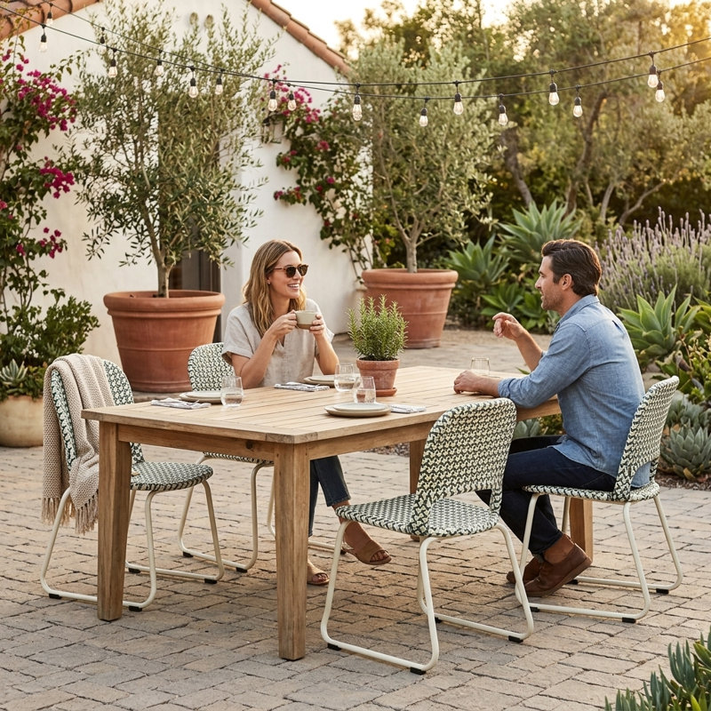 Luna Woven Rattan Outdoor Side Chair, Blue/White Seat/White Frame