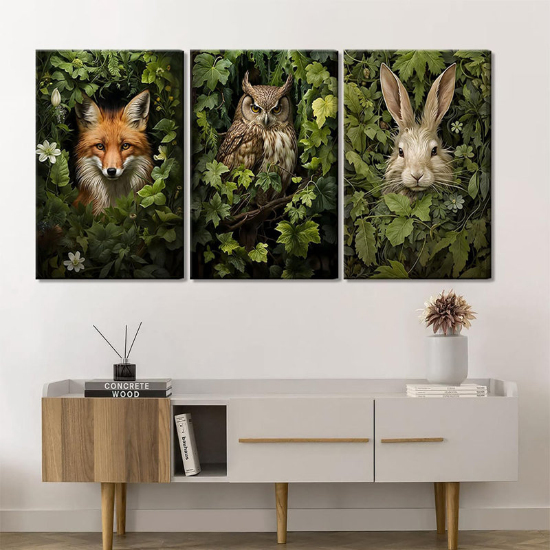 3Pcs Framed Magical Forest Animal Canvas Wall Art Retro Wild Animals Posters Prints Green Adventure Theme Cottagecore Paintings Lovely Fox Owl Rabbit Wall Decor For Living Room Bedroom Home Decor