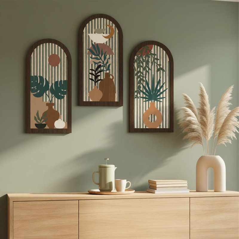 Boho Wooden Wall Art Set of 3, Abstract Botanical Decor with Leaf and Sun Design, Minimalist Terracotta Wall Panels for Living Room, Bedroom and Office