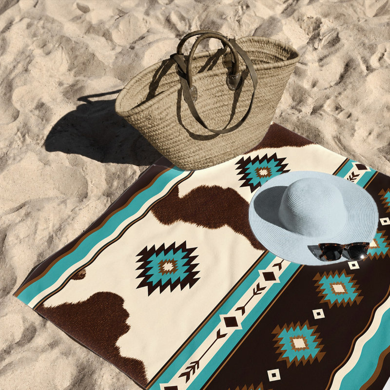 1 serviette de plage à imprimé vache du Sud-Ouest, avec motifs géométriques et textures naturelles. Microfibre surdimensionnée pour la natation, les voyages, le camping, unisexe.
