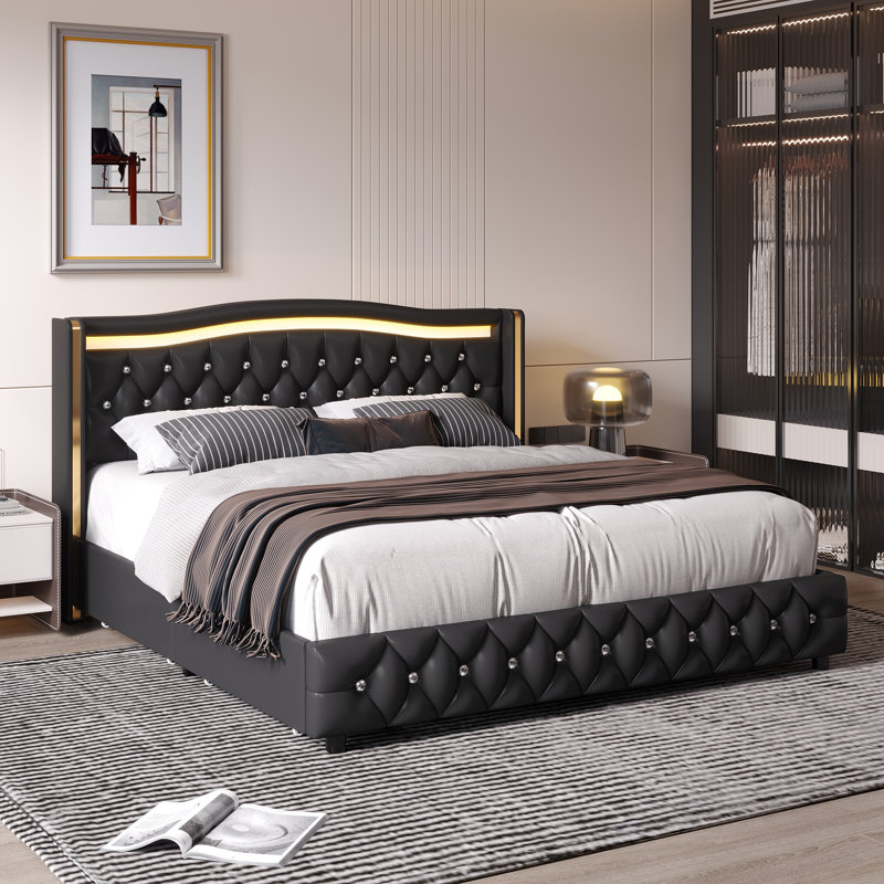 Areyon Upholstered Wingback Storage Bed, King, Black