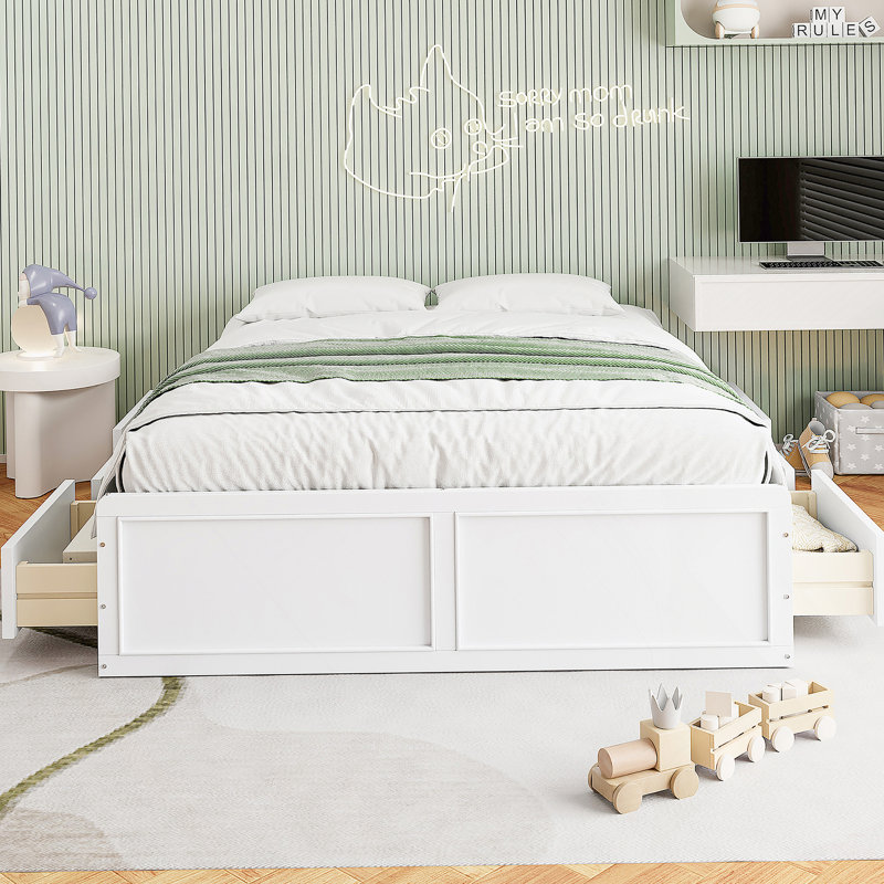 Structure de lit plateforme en bois grand format avec 6 tiroirs blanc, Blanc