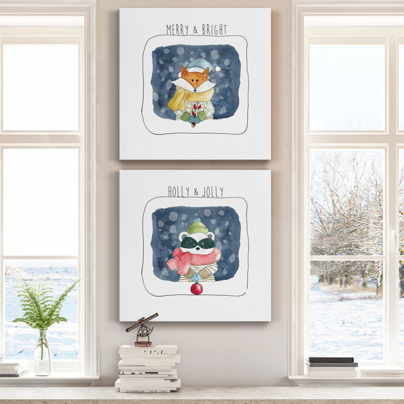 Christmas Fox - ensemble de 2 reproductions d'art sur toile tendue, H 10 po x l 10 po x P 1,25 po