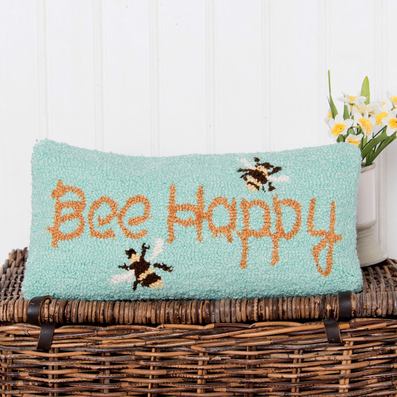 Bee Happy Green Embroidered Rectangular Throw Pillow
