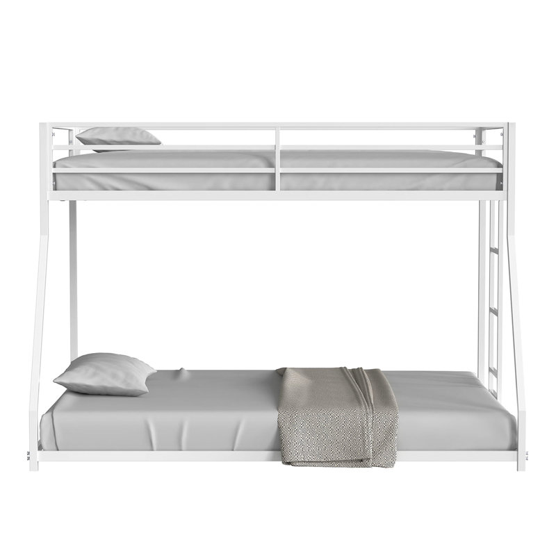 Matte White Full Metal Construction Twin Over Low Bunk Bed, Mattress Ready, Attached Reversible For Bedroom Decor White, ,