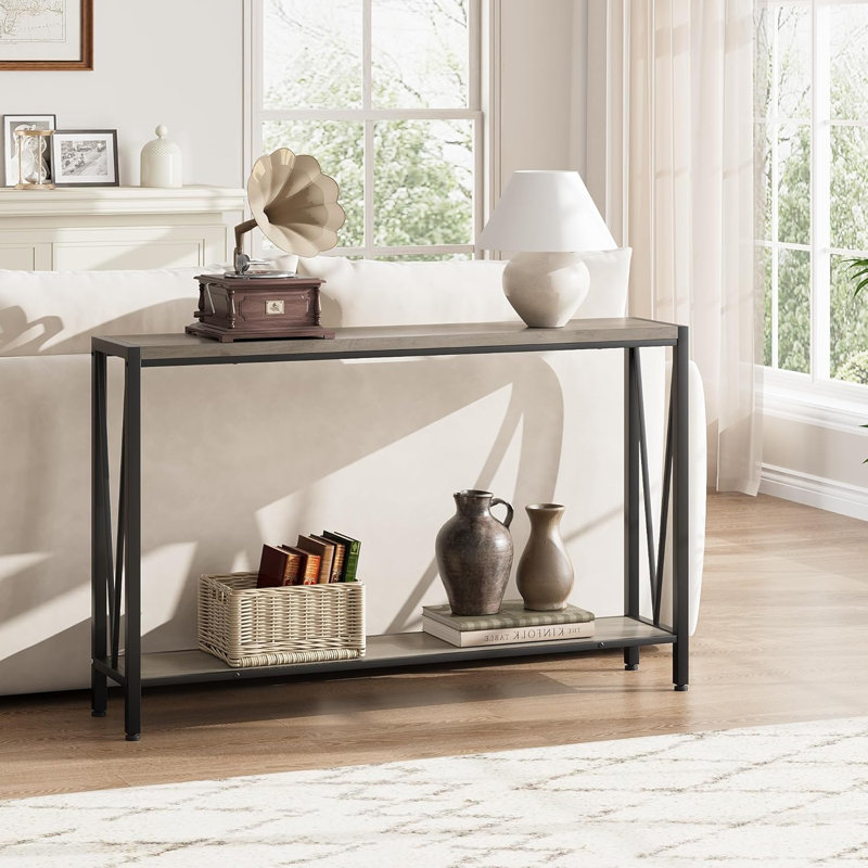 Geron Console Table, 2-Tier Entryway Table with Storage, 43" Narrow Sofa Table with V Design, Industrial Console Table for Entryway