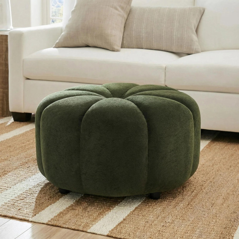 Repose-pieds rond en velours capitonné Pomelle, Vert olive