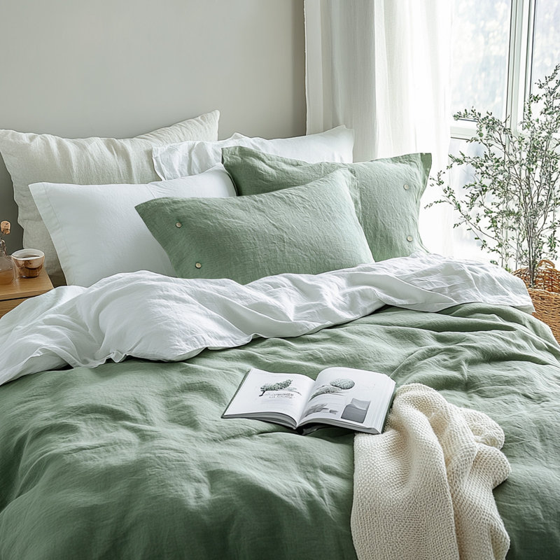 Ensemble de housse de couette 100% coton délavé 3 pièces vert, Grand lit