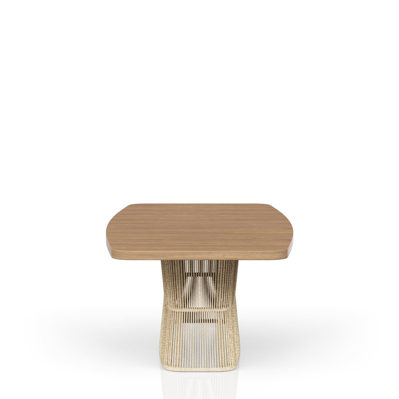 Table de salle à manger transitionnelle avec base en corde, beige, bois massif et placage de chêne