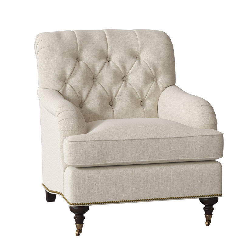 Devan Armchair, White Caps Fog, American Walnut, Antique Brass Small