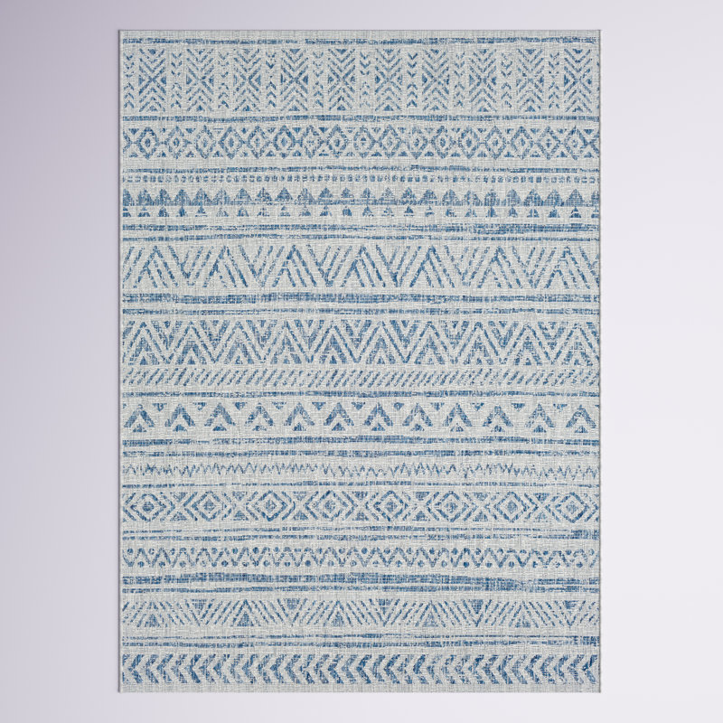 Tapis intérieur / extérieur bleu foncé / gris à chevrons Tomas, Rectangle 8 pi 10 po x 12 pi