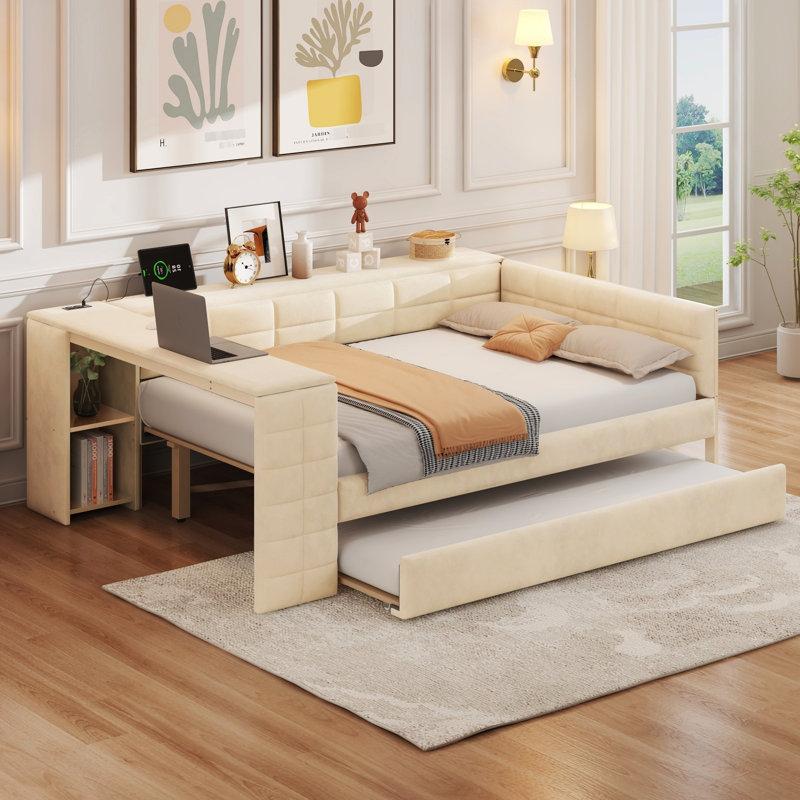 Lit double tapissier beige avec rangement intégré et charge, lit gigogne pour les invités occasionnels, plateforme de chargement, lit gigogne confortable