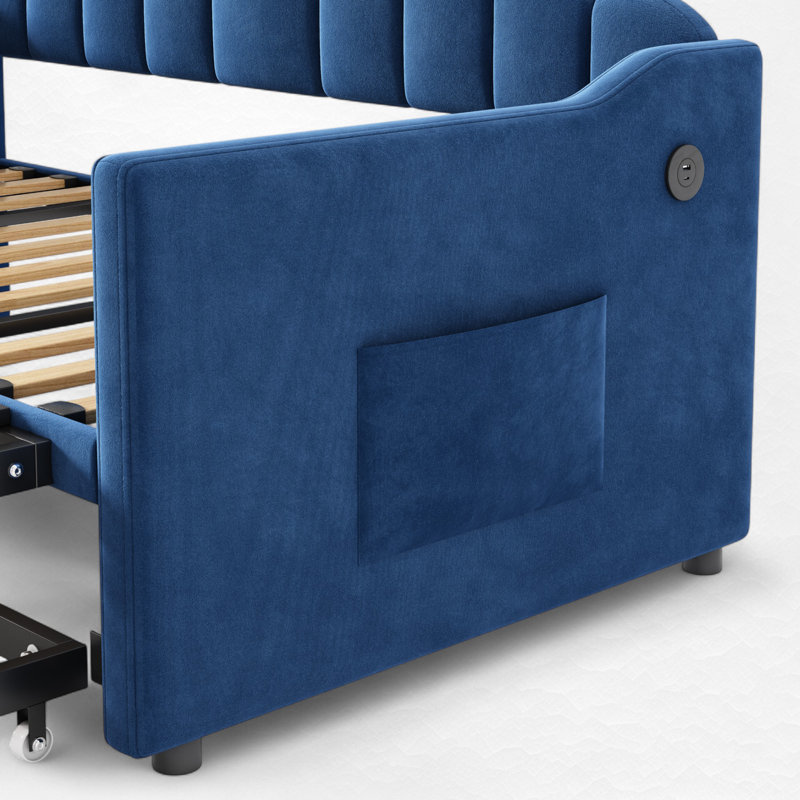 Upholstered Daybed With Trundle, Blue