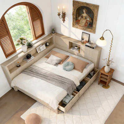 Lit de jour simple en bois avec tablettes de rangement et 3 tiroirs