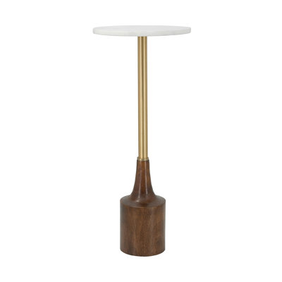 Round Side Table with Marble Top & Wooden Base - 9.5"Dia. - White/Gold/Brown