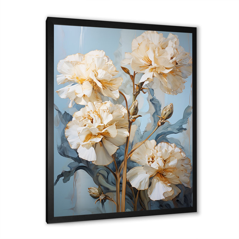 Œillets beiges sur bleu V sur toile, Cadre simple noir, H 20 po x l 12 po x P 1 po