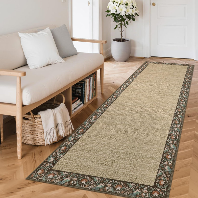 2x6 Floral Bordered Kitchen Rug – Minimalist, Non-Slip, Washable Runner for Hallways, Entryway, Bedroom (Light Blue)