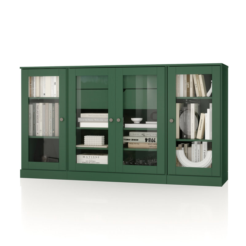 100% Solid Wood 65" Sideboard with Clear Glass Doors, 2-Drawers and Adjustable Shelves, Green
