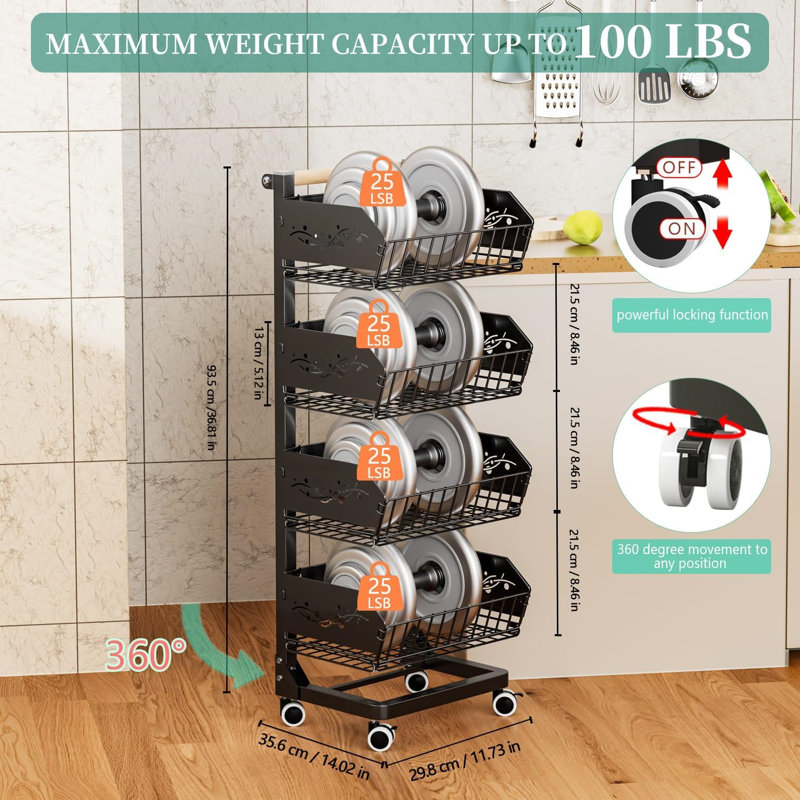4-Tier Kitchen Snack Cart with Wheels - Upgraded wider and thicker, Multi-Purpose Rolling Storage Cart for, Grey