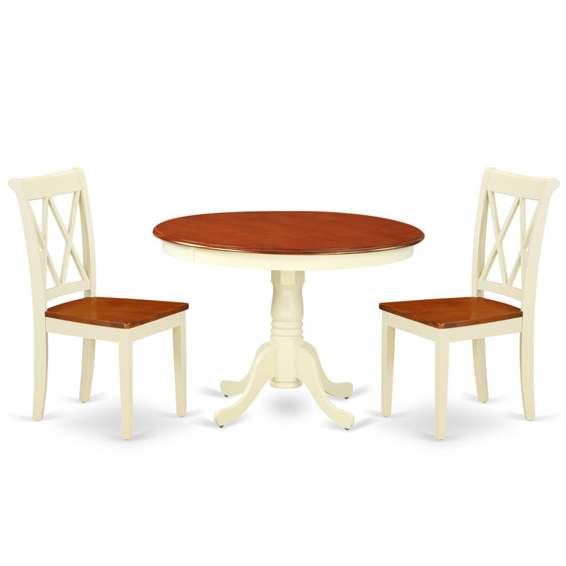 3 Piece Kitchen Table & Chairs Set Contains a Round Dining Table with Pedestal and 2 Dining Room Chairs, Buttermilk & Cherry
