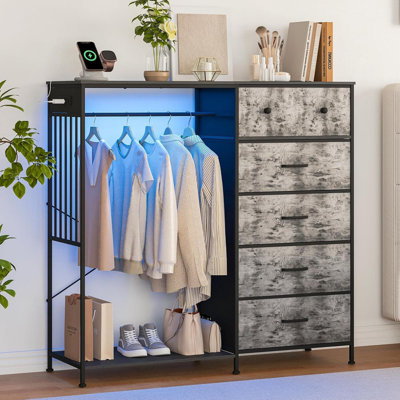 49" Dresser with Hanging Rack & LED Lights, 6-Drawer Closet Organizer with Charging Station