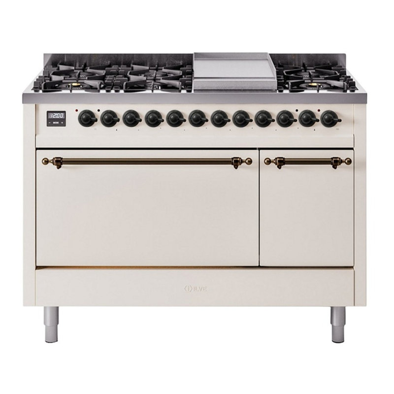 ILVE Nostalgie II, cuisinière à double combustible de 48 po, 8 brûleurs, plaque chauffante, Gaz naturel, Blanc / Cuivre