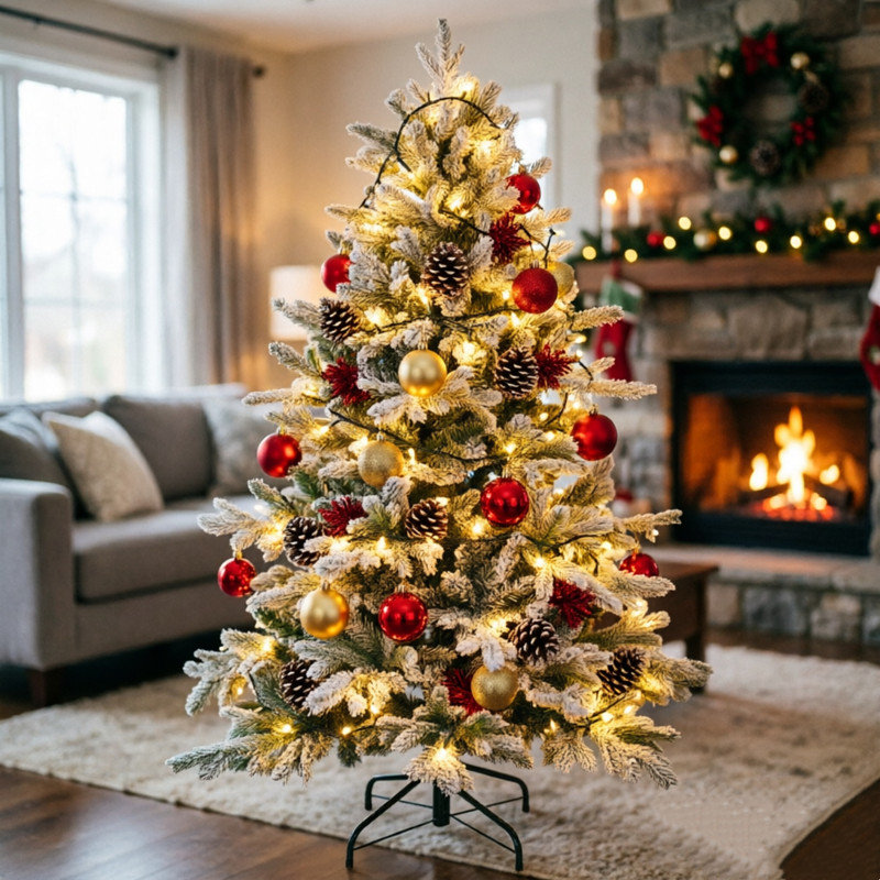 5ft Snow Flocked Artificial Christmas Tree with Metal Stand Realistic Frosted Branches for Indoor Holiday Decor