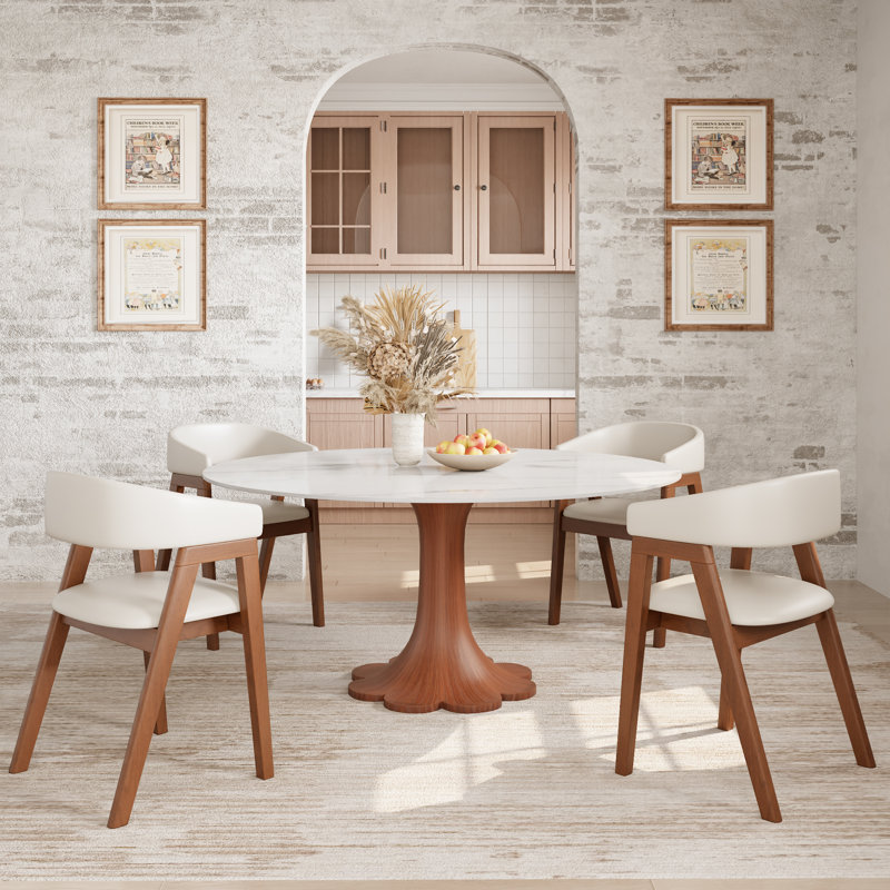 Ensemble de salle à manger rond avec piédestal en bois massif à finition florale en noyer massif (1 table, 4/6/8 chaises)