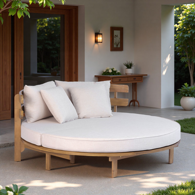 Outdoor Round Daybed With Half-round Slatted Backrest, Soft Pillows, Foldable Cushion, Removable Cushion Covers And Adjustable Foot Pads