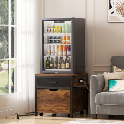 Mini Fridge Stand With Drawer Storage, Power Outlet  And Lockable Wheels