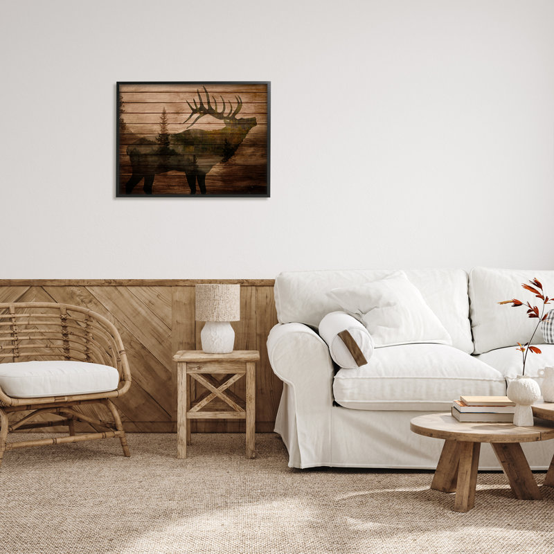 «Forest Elk Silhouette Rustic Plank» par Kim Allen - impression, Giclée encadrée noir minuit, H 24 po x l 30 po