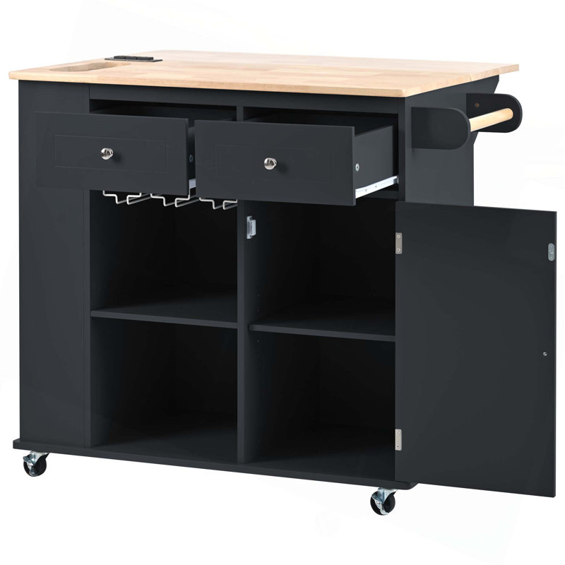 Îlot de cuisine avec prise de courant, îlot de rangement avec abattant et bois d'hévéa, rangement ouvert et support à vin, 5 roulettes, avec rangement réglable pour la maison, la cuisine et la salle à manger