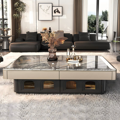 59.06"Modern Minimalist Luxury Stone Brown & Black Coffee Table