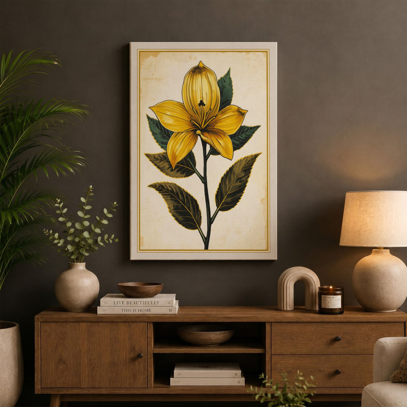 Golden Bloom Botanical - Wrapped Canvas, 18x12 - 45.7 x 30.5 cm, Ochre Border
