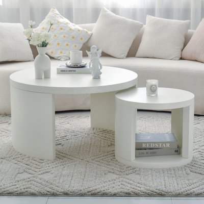 Round Nesting Coffee Table Set of 2,White nesting coffee table, round coffee tables for living room, 2 in 1 nesting tables, rounded edges, space-savin